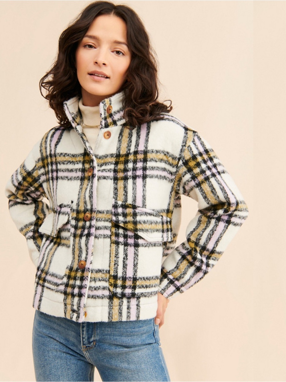 Plaid Bagatelle Collection Teddy Jacket in Cream, Olive & Light Blue